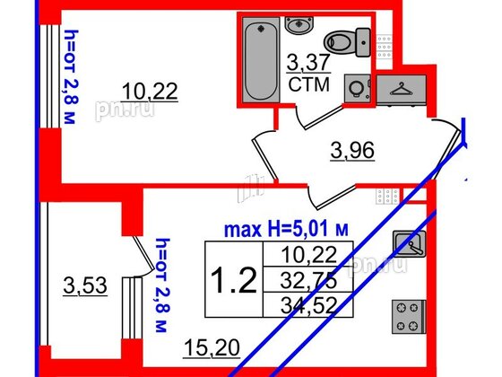 Квартира в ЖК 'Дворцовый фасад', 1 комнатная, 32.75 м², 4 этаж