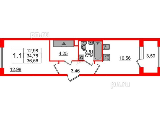 Квартира в ЖК 'Дворцовый фасад', 1 комнатная, 34.76 м², 1 этаж