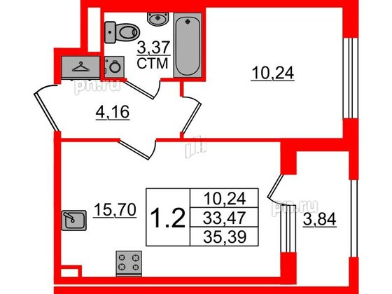 Квартира в ЖК «Дворцовый фасад», 1 комнатная, 33.47 м², 1 этаж