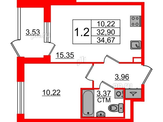 Квартира в ЖК «Дворцовый фасад», 1 комнатная, 32.9 м², 1 этаж