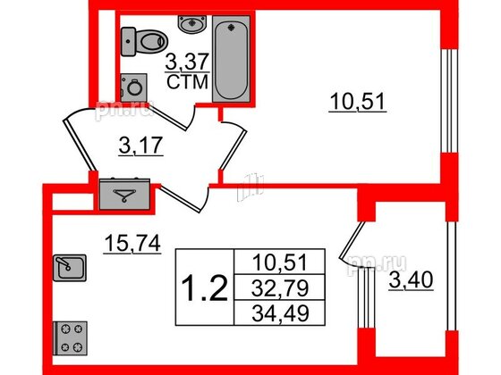 Квартира в ЖК 'Дворцовый фасад', 1 комнатная, 32.79 м², 3 этаж