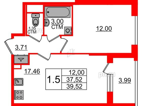 Квартира в ЖК «Дворцовый фасад», 1 комнатная, 37.52 м², 1 этаж