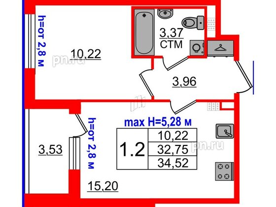 Квартира в ЖК «Дворцовый фасад», 1 комнатная, 32.75 м², 4 этаж