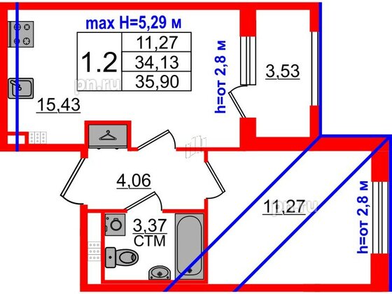 Квартира в ЖК «Дворцовый фасад», 1 комнатная, 34.13 м², 4 этаж