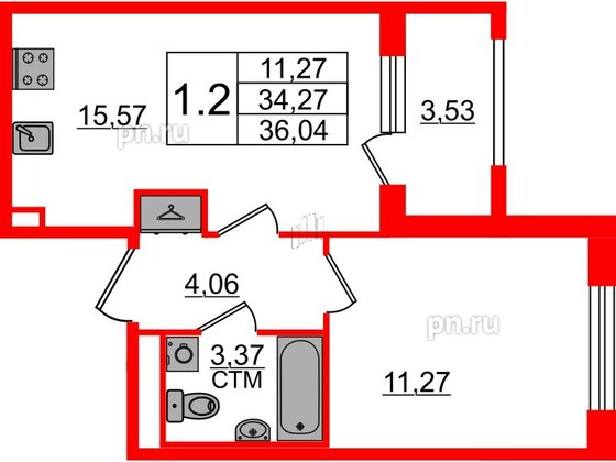 Квартира в ЖК 'Дворцовый фасад', 1 комнатная, 34.27 м², 1 этаж