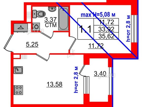 Квартира в ЖК «Дворцовый фасад», 1 комнатная, 33.92 м², 4 этаж