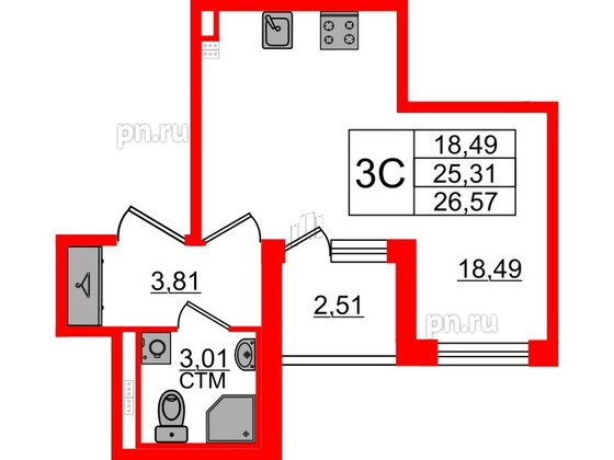 Квартира в ЖК «Дворцовый фасад», студия, 25.31 м², 3 этаж