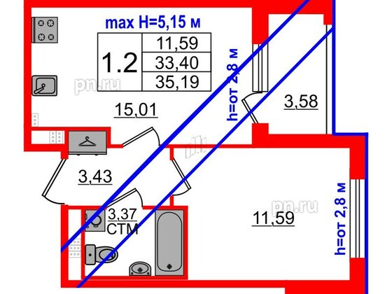 Квартира в ЖК 'Дворцовый фасад', 1 комнатная, 33.4 м², 4 этаж