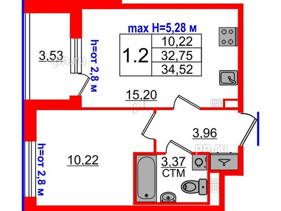 Квартира в ЖК «Дворцовый фасад», 1 комнатная, 32.75 м², 4 этаж