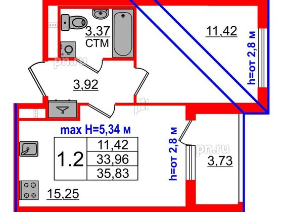 Квартира в ЖК «Дворцовый фасад», 1 комнатная, 33.96 м², 4 этаж