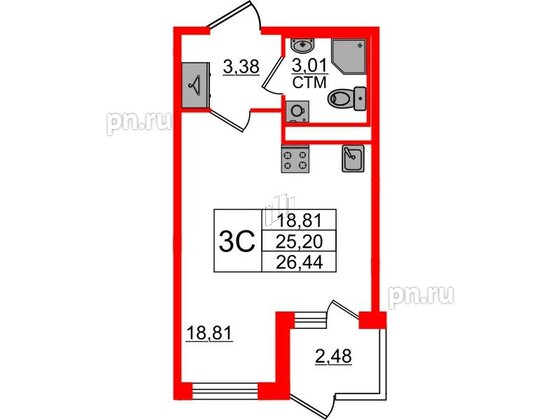 Квартира в ЖК 'Дворцовый фасад', студия, 25.2 м², 1 этаж