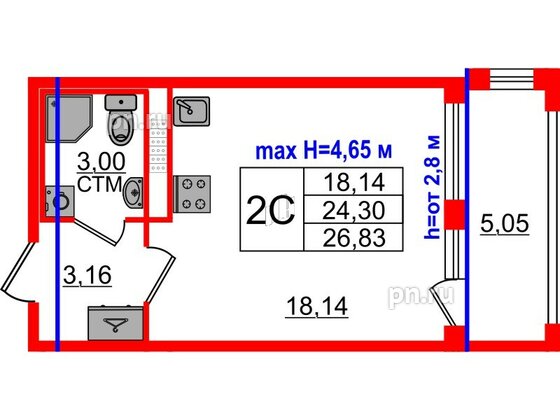Квартира в ЖК «Дворцовый фасад», студия, 24.3 м², 4 этаж