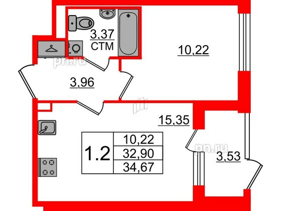 Квартира в ЖК «Дворцовый фасад», 1 комнатная, 32.9 м², 1 этаж