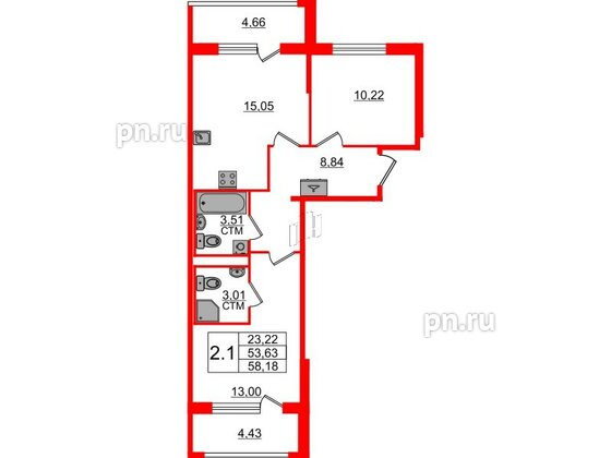 Квартира в ЖК «Дворцовый фасад», 2 комнатная, 53.63 м², 2 этаж