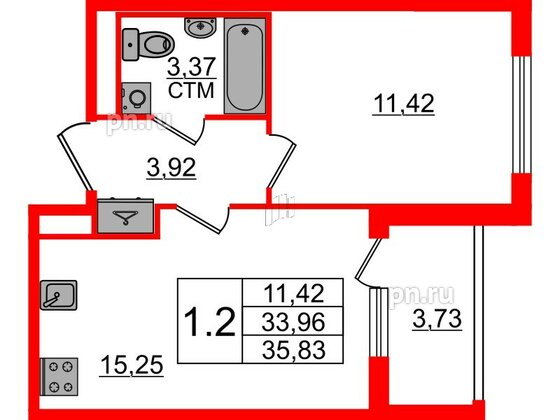 Квартира в ЖК «Дворцовый фасад», 1 комнатная, 33.96 м², 3 этаж