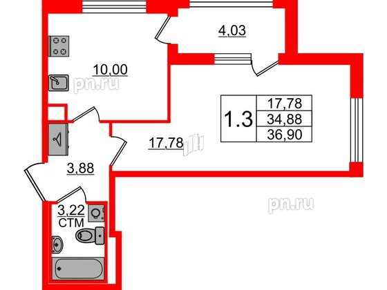 Квартира в ЖК 'Дворцовый фасад', 1 комнатная, 34.88 м², 1 этаж