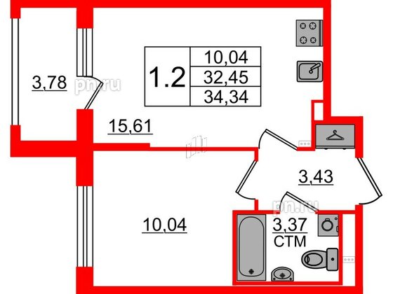 Квартира в ЖК «Дворцовый фасад», 1 комнатная, 32.45 м², 2 этаж