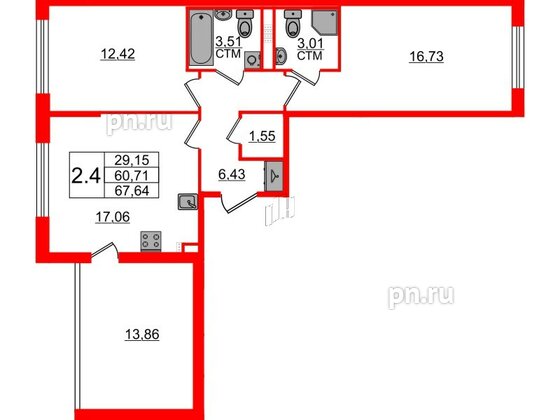 Квартира в ЖК «Дворцовый фасад», 2 комнатная, 60.71 м², 3 этаж