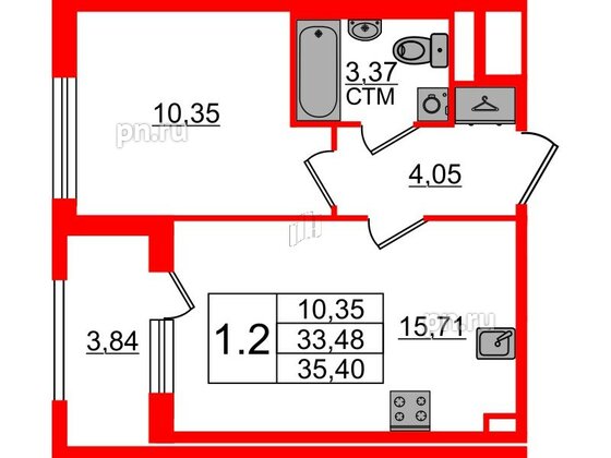 Квартира в ЖК 'Дворцовый фасад', 1 комнатная, 33.48 м², 1 этаж