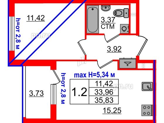 Квартира в ЖК «Дворцовый фасад», 1 комнатная, 33.96 м², 4 этаж