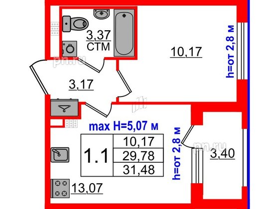 Квартира в ЖК 'Дворцовый фасад', 1 комнатная, 29.78 м², 4 этаж