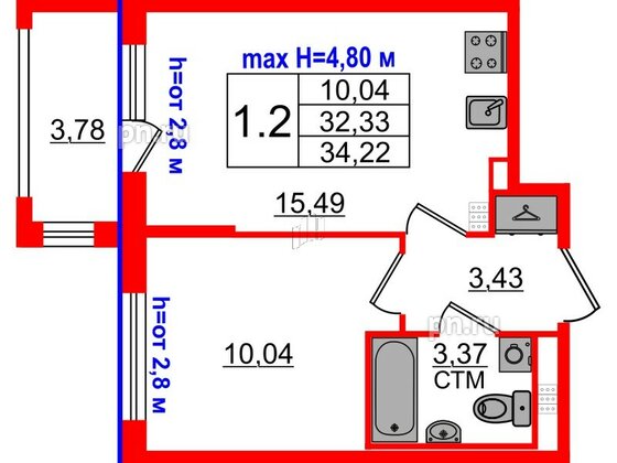 Квартира в ЖК «Дворцовый фасад», 1 комнатная, 32.33 м², 4 этаж