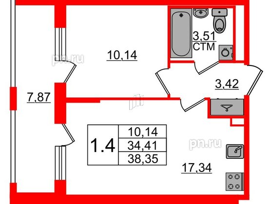 Квартира в ЖК «Дворцовый фасад», 1 комнатная, 34.41 м², 1 этаж