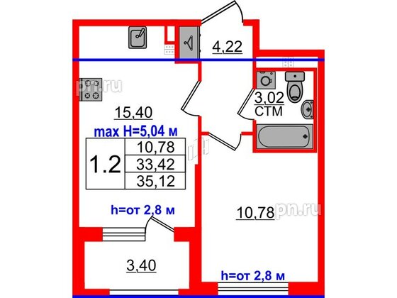 Квартира в ЖК «Дворцовый фасад», 1 комнатная, 33.42 м², 4 этаж