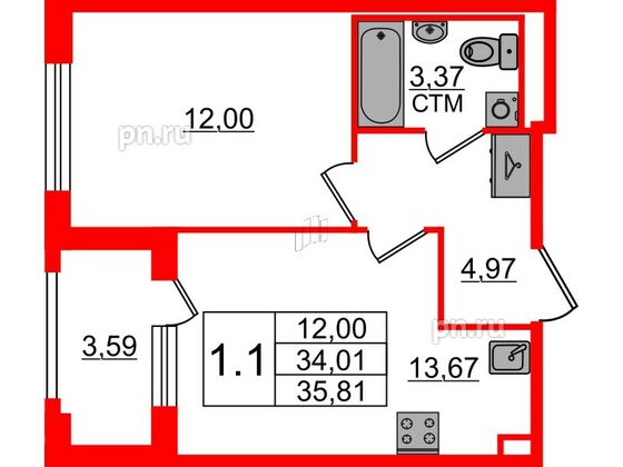 Квартира в ЖК 'Дворцовый фасад', 1 комнатная, 34.01 м², 1 этаж