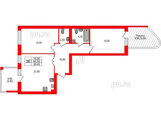 Квартира в ЖК «Сиреневый бульвар», 2 комнатная, 76.5 м², 1 этаж