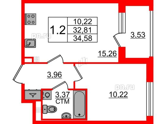 Квартира в ЖК «Дворцовый фасад», 1 комнатная, 32.81 м², 3 этаж