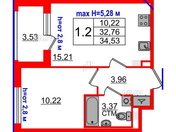 Квартира в ЖК «Дворцовый фасад», 1 комнатная, 32.76 м², 4 этаж