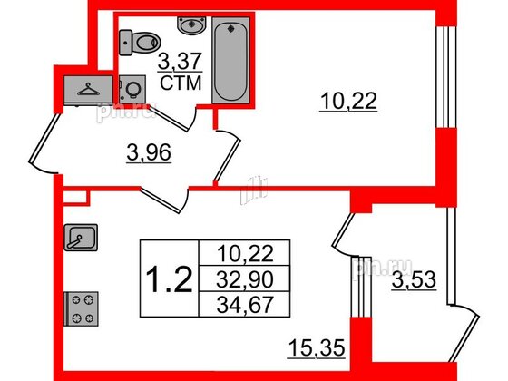 Квартира в ЖК «Дворцовый фасад», 1 комнатная, 32.9 м², 1 этаж