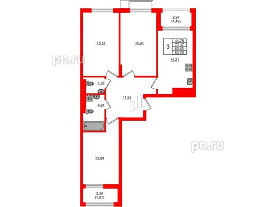 Квартира в ЖК «АЭРО», 3 комнатная, 80.63 м², 3 этаж