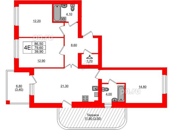 Квартира в ЖК «Сиреневый бульвар», 3 комнатная, 87.7 м², 1 этаж