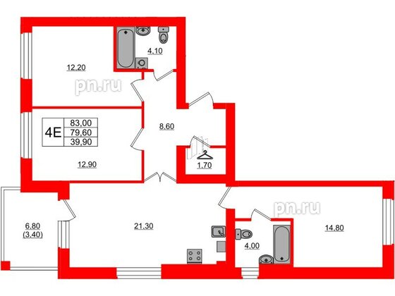 Квартира в ЖК «Сиреневый бульвар», 3 комнатная, 83 м², 4 этаж