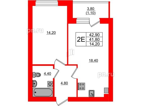 Квартира в ЖК «Сиреневый бульвар», 1 комнатная, 43.4 м², 4 этаж