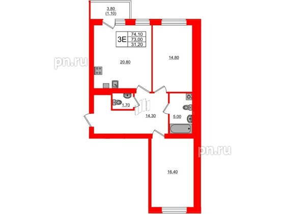 Квартира в ЖК «Сиреневый бульвар», 2 комнатная, 74.1 м², 2 этаж