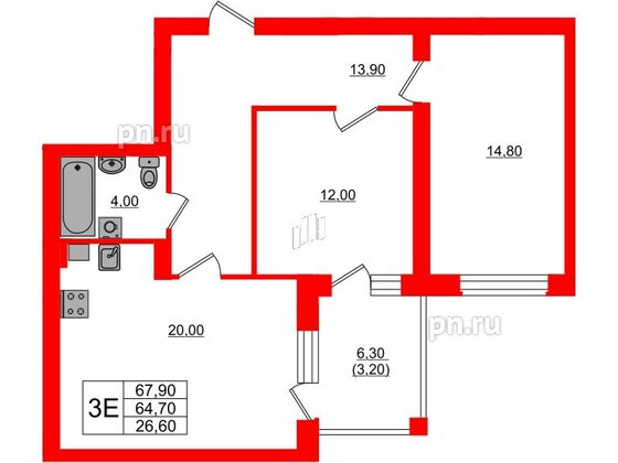 Квартира в ЖК «Сиреневый бульвар», 2 комнатная, 68.6 м², 3 этаж