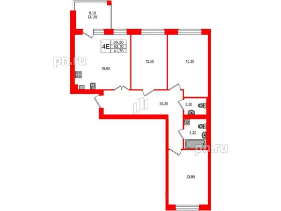 Квартира в ЖК «Сиреневый бульвар», 3 комнатная, 86.2 м², 2 этаж