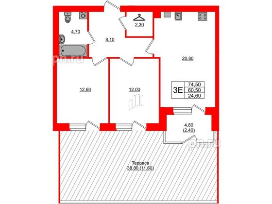 Квартира в ЖК «Сиреневый бульвар», 2 комнатная, 75.3 м², 1 этаж