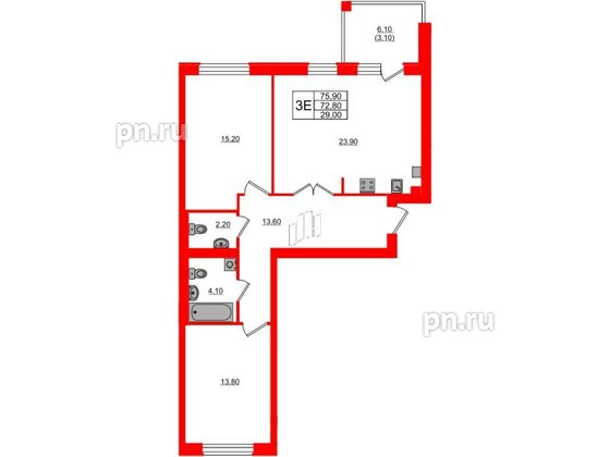 Квартира в ЖК «Сиреневый бульвар», 2 комнатная, 75.9 м², 4 этаж