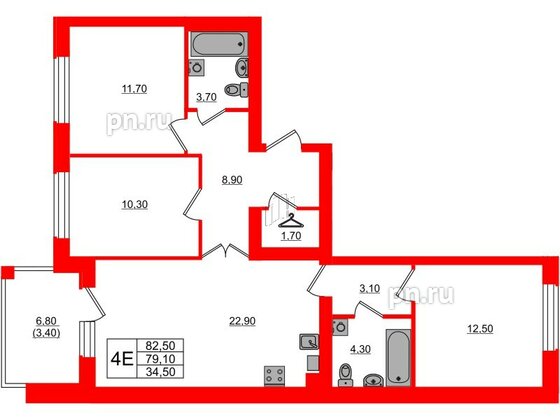 Квартира в ЖК «Сиреневый бульвар», 3 комнатная, 82.5 м², 2 этаж