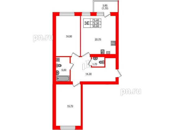 Квартира в ЖК «Сиреневый бульвар», 3 комнатная, 73.4 м², 4 этаж