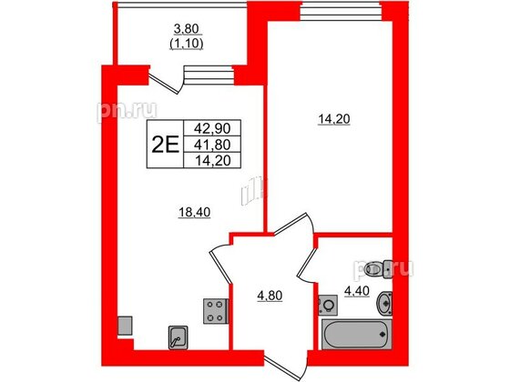 Квартира в ЖК «Сиреневый бульвар», 1 комнатная, 43.7 м², 4 этаж