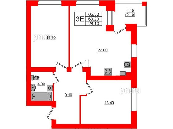 Квартира в ЖК «Сиреневый бульвар», 2 комнатная, 65.3 м², 2 этаж