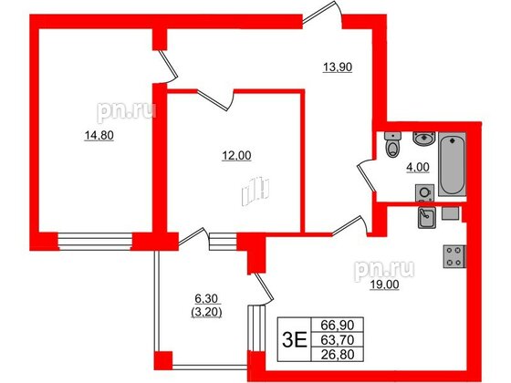 Квартира в ЖК «Сиреневый бульвар», 1 комнатная, 67.4 м², 2 этаж