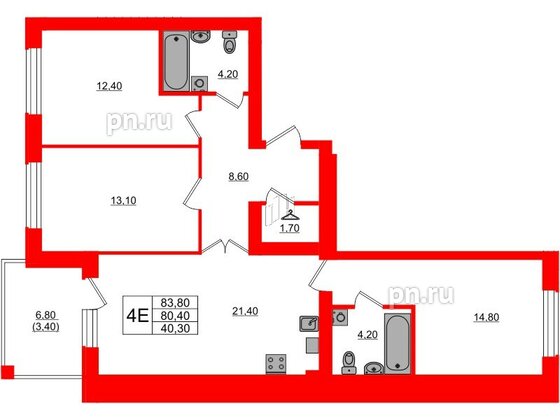 Квартира в ЖК «Сиреневый бульвар», 3 комнатная, 84.9 м², 4 этаж