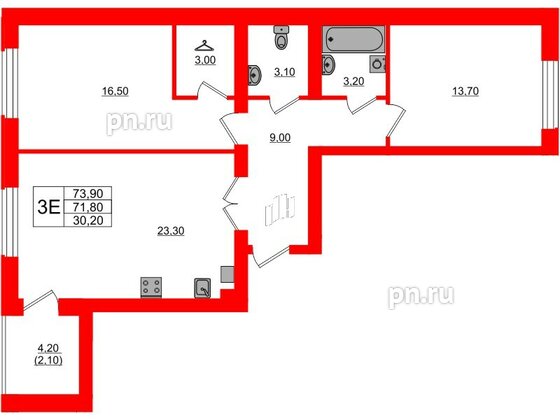 Квартира в ЖК «Сиреневый бульвар», 2 комнатная, 74.7 м², 3 этаж