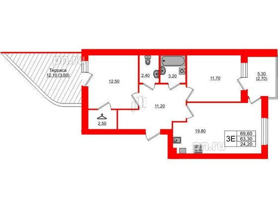 Квартира в ЖК «Сиреневый бульвар», 2 комнатная, 70.5 м², 1 этаж